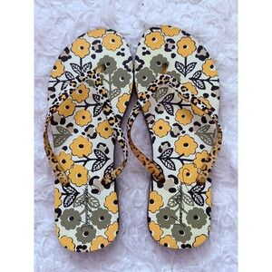 Vera Bradley Floral Leopard Print Flip Flops Womens Yellow Green Black Sandals
